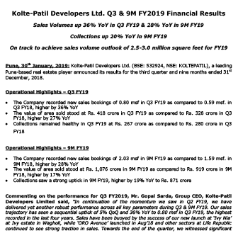 Kolte Patil Developers Ltd. Q3 & 9M FY2019 Financial Results - Life Republic